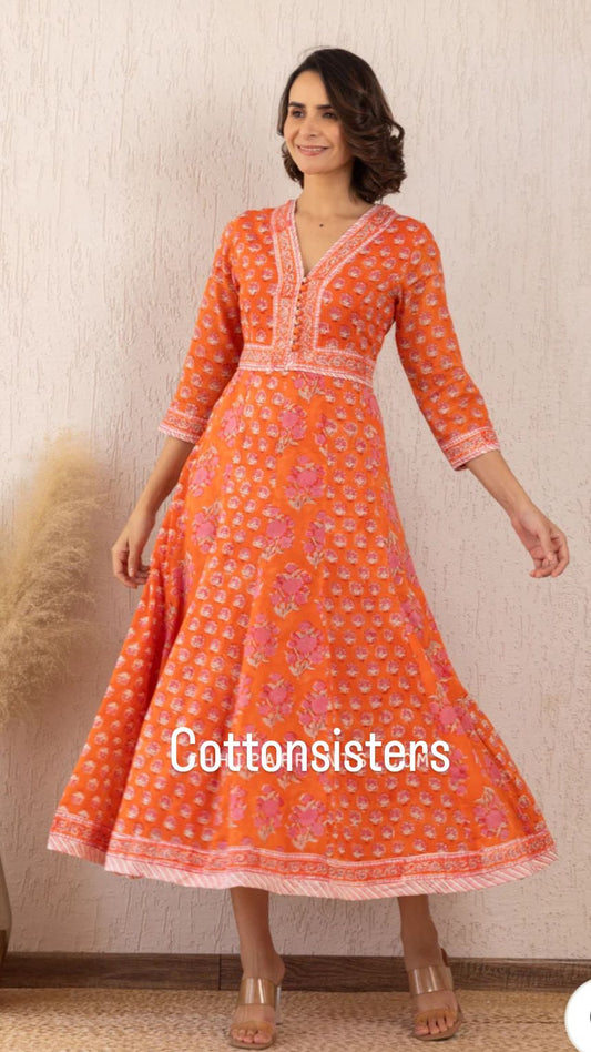 Cotton Long Orange Block Print Dress