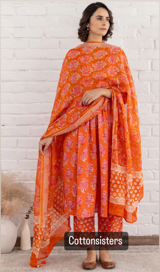 Cotton Orange Block Print Frock Suit