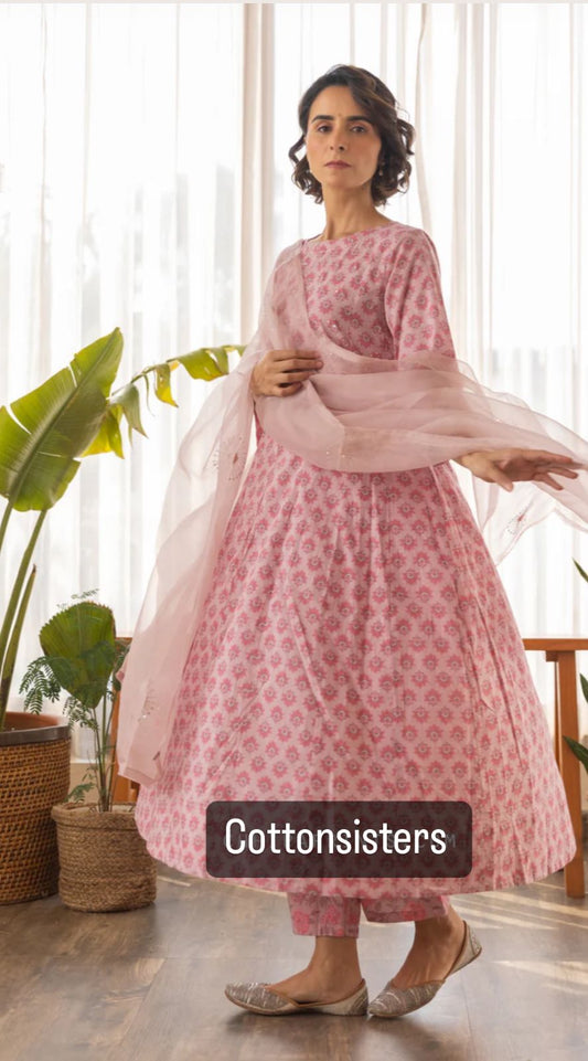 Cotton Pink Block Print Frock Suit