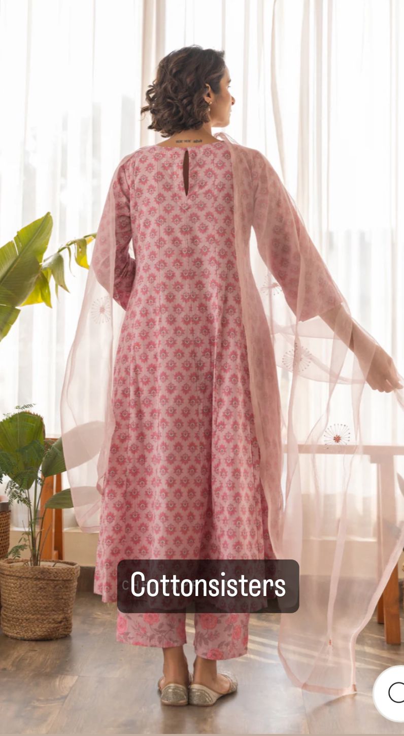 Cotton Pink Block Print Frock Suit