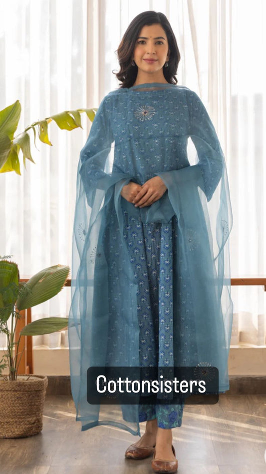Cotton Blue Block Print Frock Suit