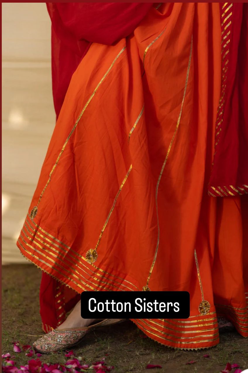 Cotton Orange Plain Kalidar Lehenga Set