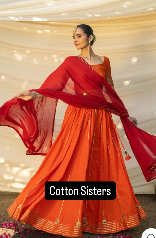 Cotton Orange Plain Kalidar Lehenga Set