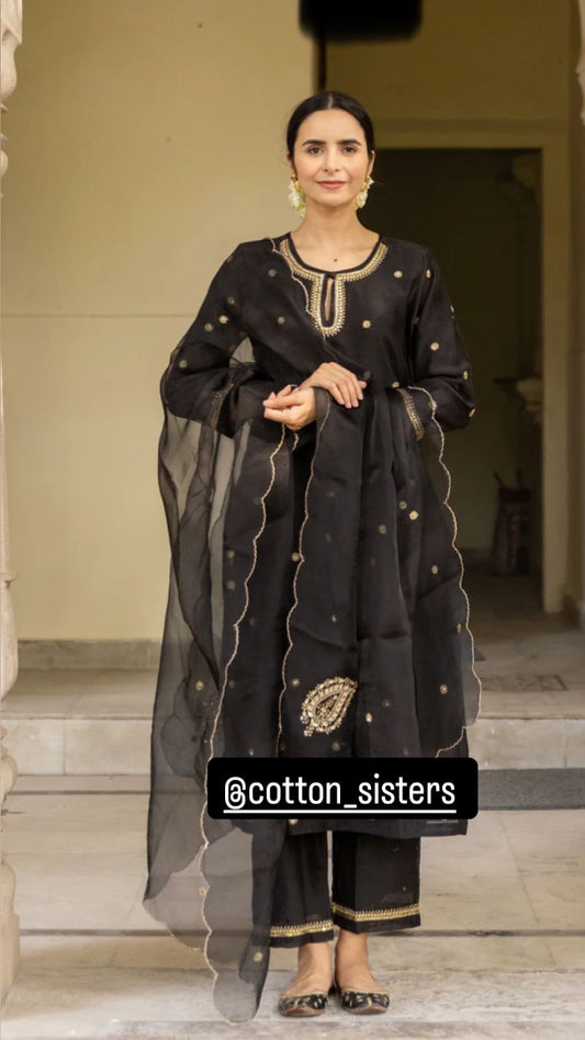 Chanderi Silk Black Hand Embroidery Kurta Set