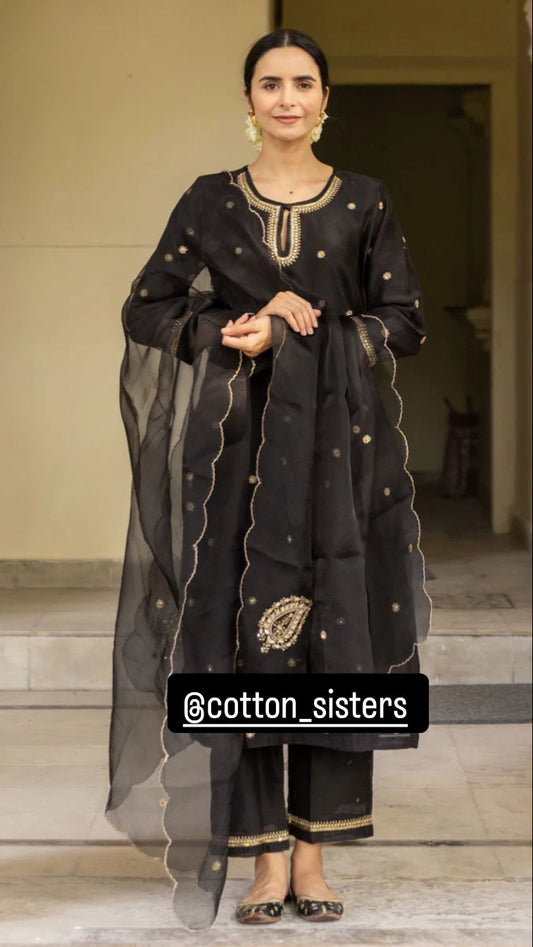 Chanderi Silk Embroidery Black Suit