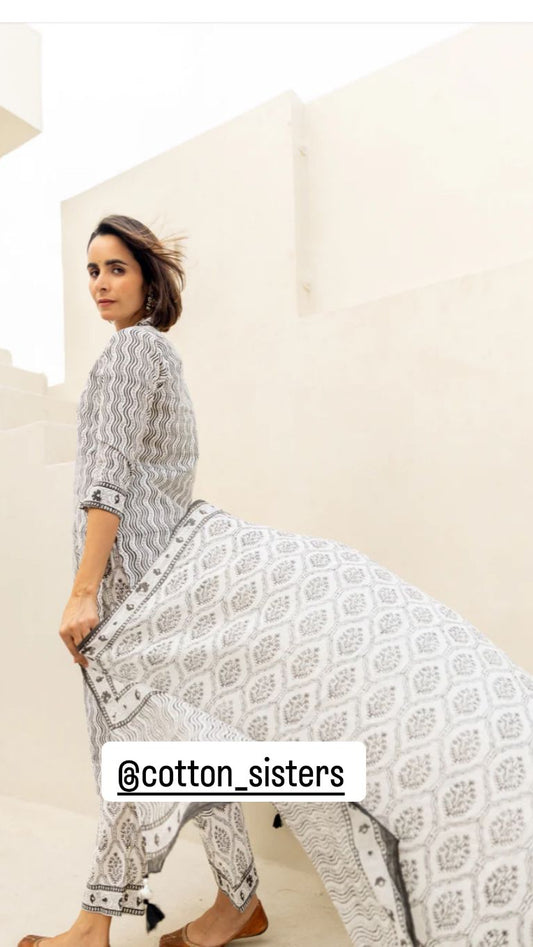 Cotton White/ Grey Block Print Suit