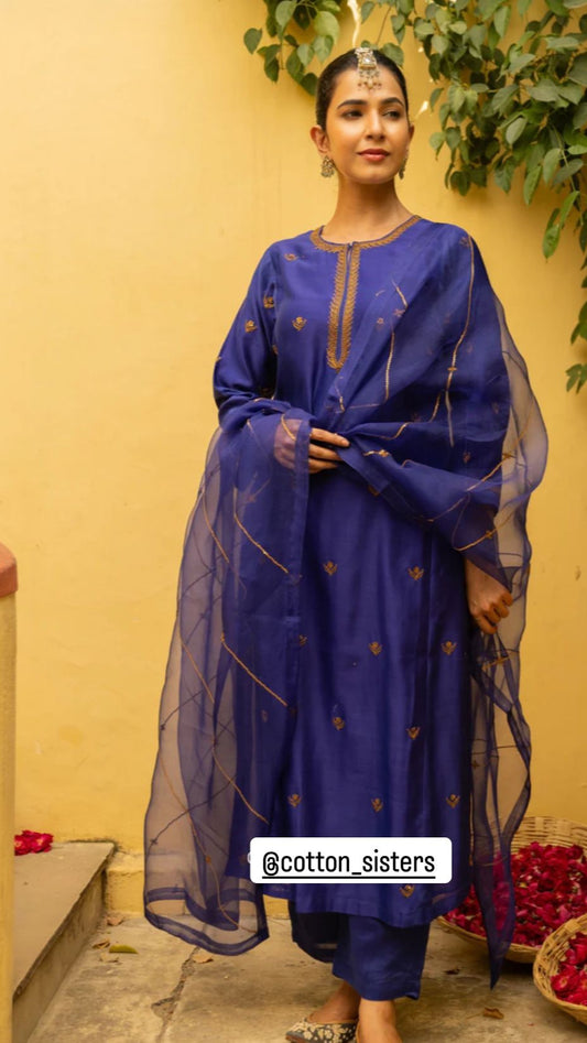 Chanderi Silk Blue Hand Embroidery Kurta Set