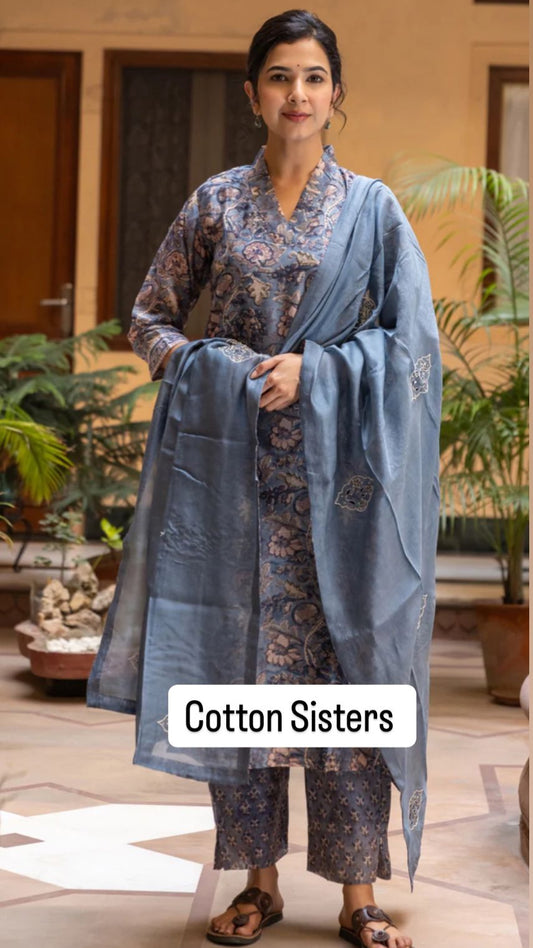 Cotton Blue Block Print Suit