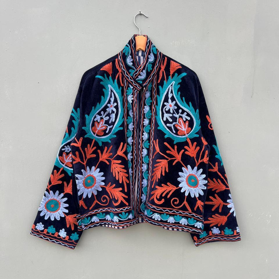 Velvet Midnight Blue Embroidery Jacket