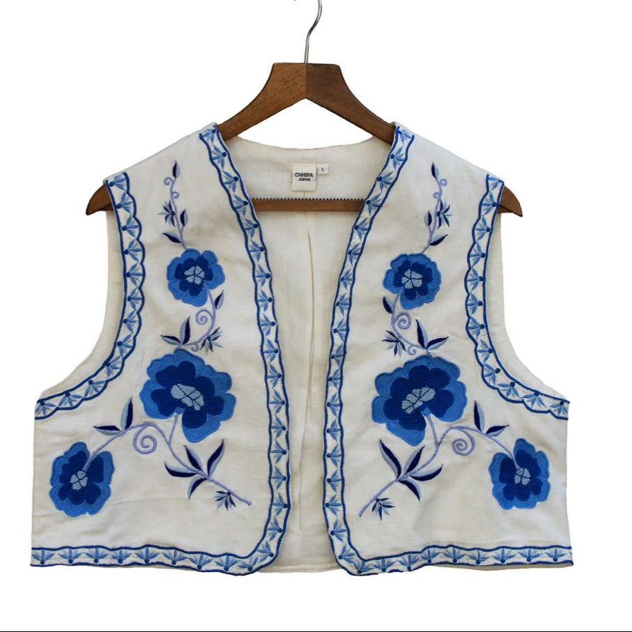 Cotton Flower Embroidery Jacket In Blue