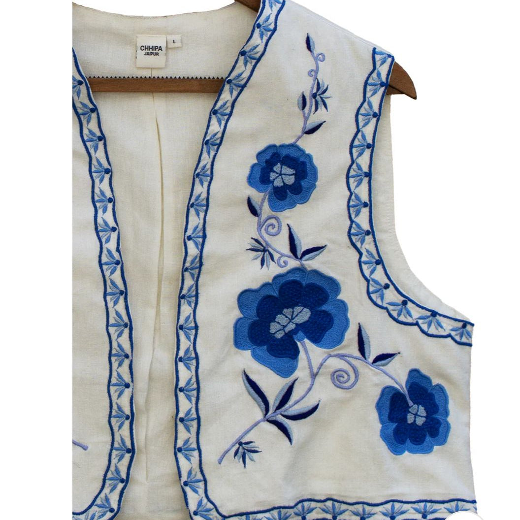 Cotton Flower Embroidery Jacket In Blue