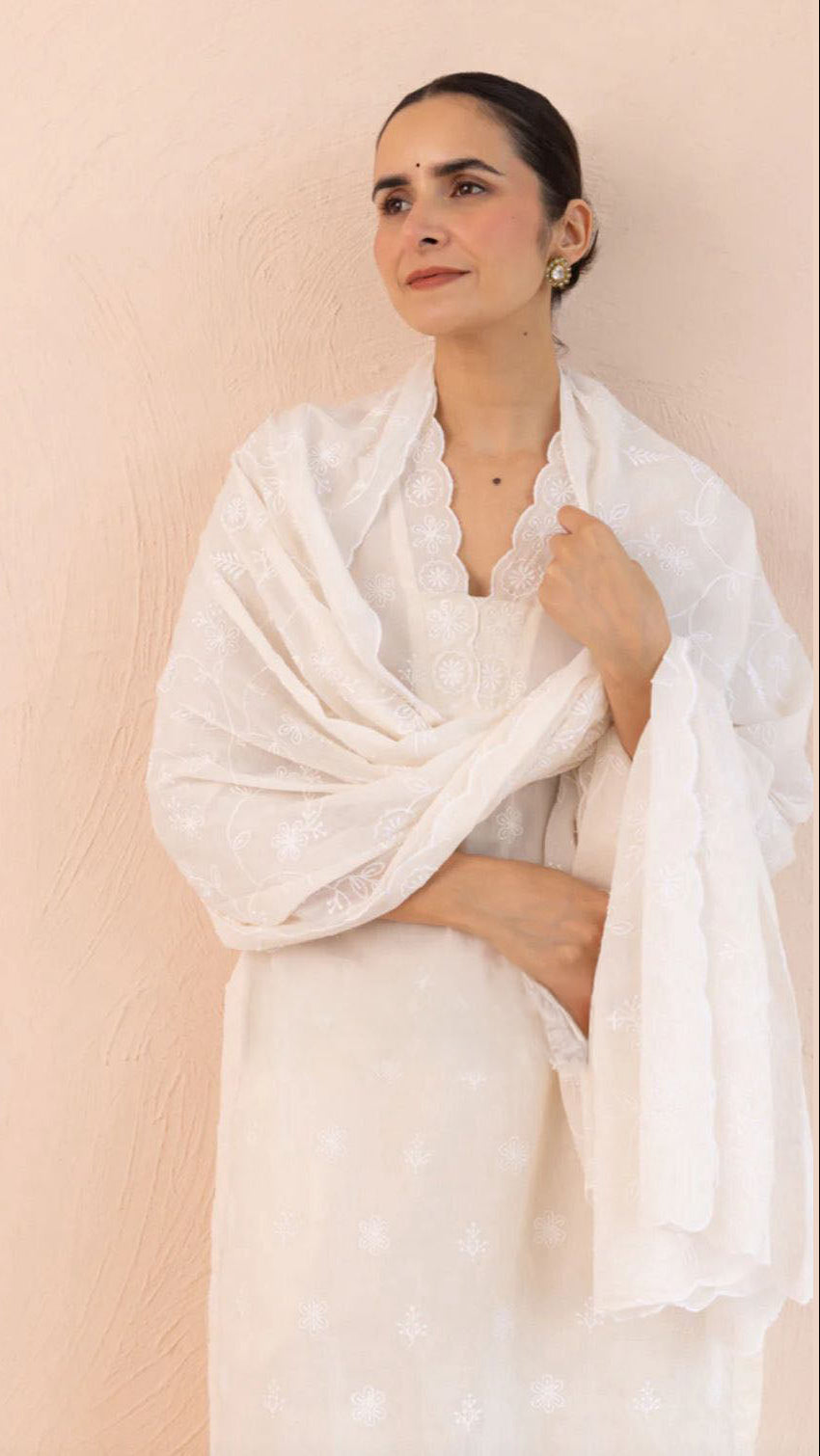 Cotton White Jaal & Buti Embroidered Suit