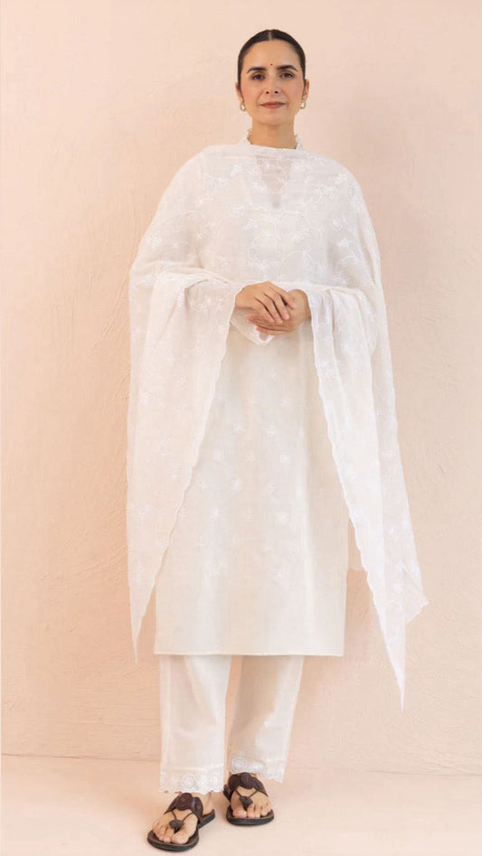 Cotton White Jaal & Buti Embroidered Suit