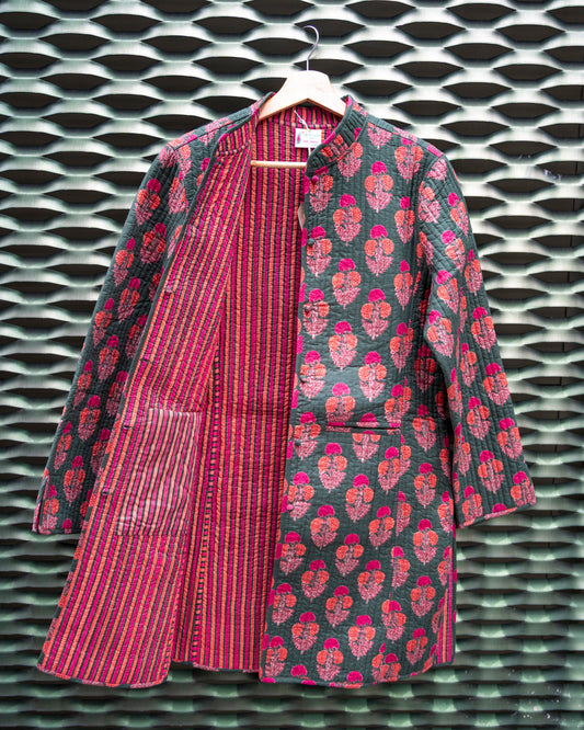 Cotton Long Green Block Print Jacket
