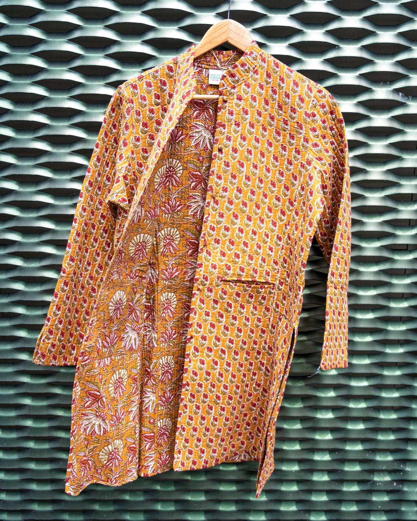 Cotton Long Mustard Block Print Jacket