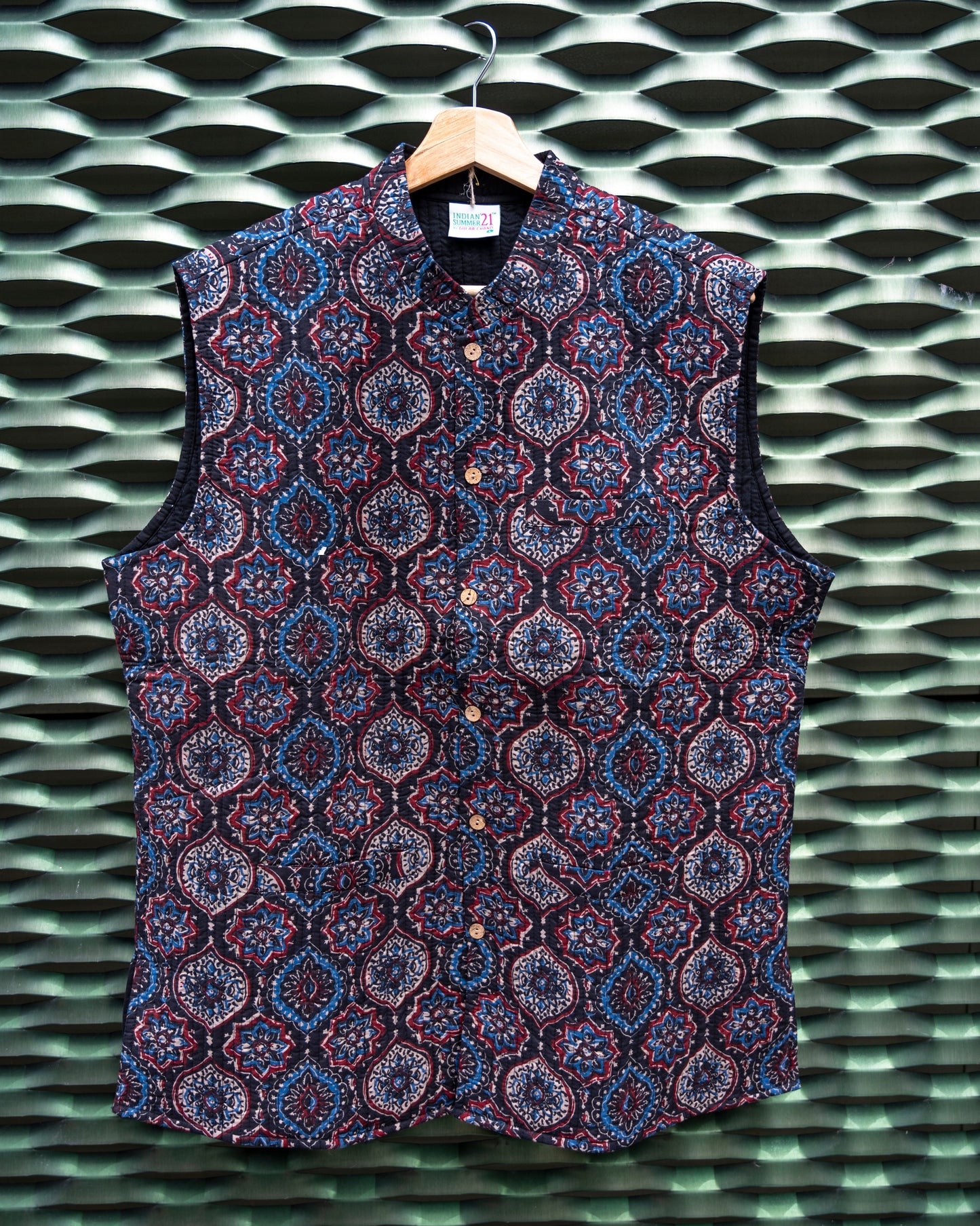 Mens Cotton Black Block Print Sleeveless Jacket