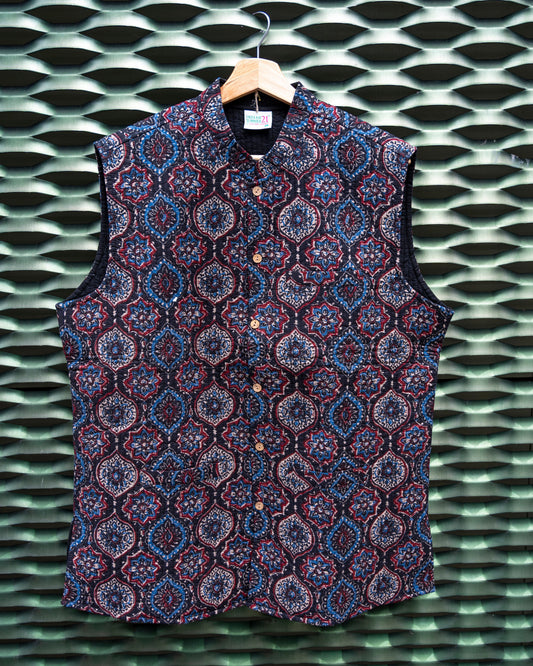 Mens Cotton Black Block Print Sleeveless Jacket