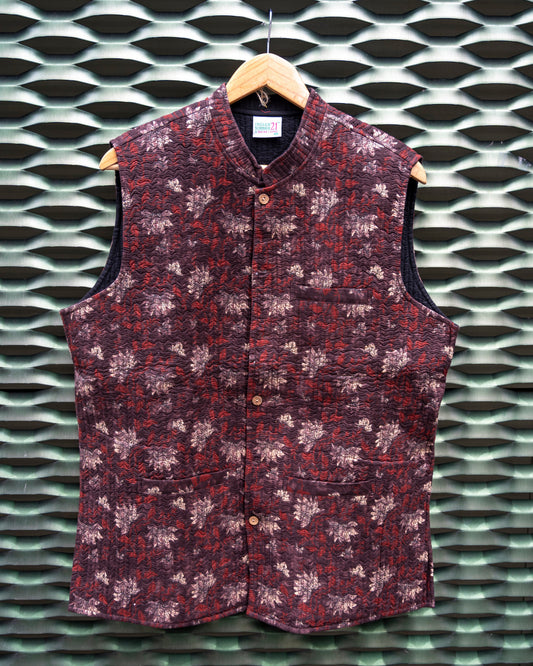 Mens Cotton Blue Block Print Sleeveless Jacket