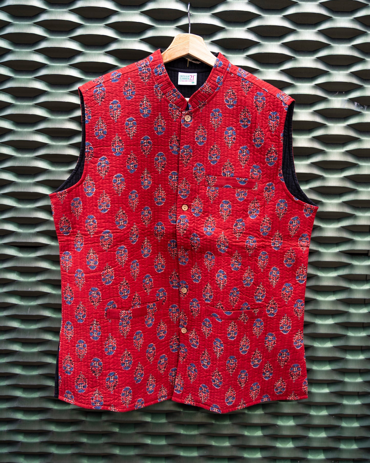 Mens cotton Red Block Print Sleeveless Jacket