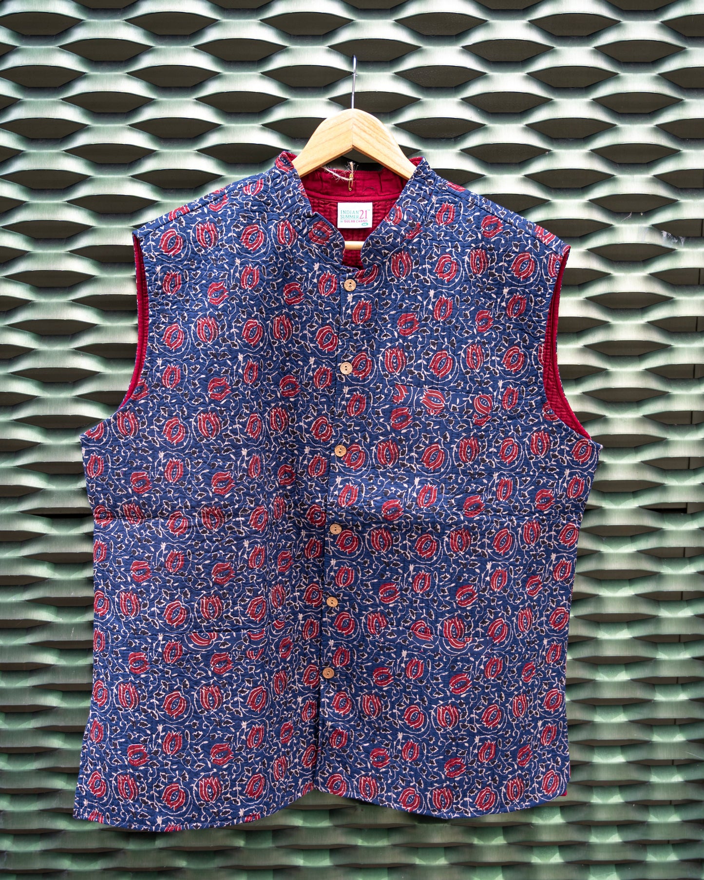 Mens Cotton Brown Block Print Sleeveless Jacket