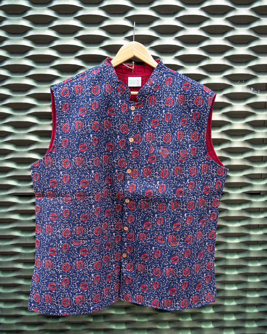 Mens Cotton Brown Block Print Sleeveless Jacket