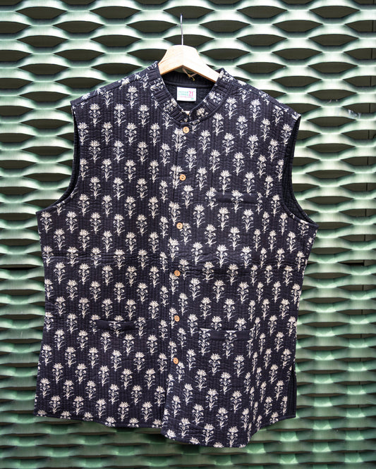 Mens Cotton Black/ Cream Block Print Sleeveless Jacket
