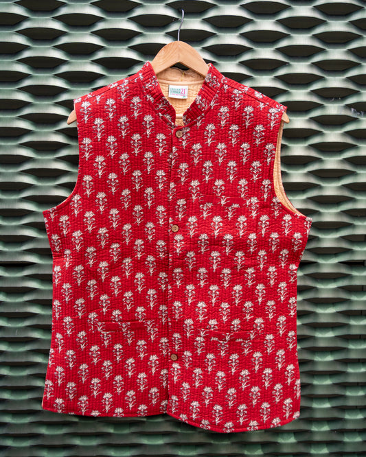 Mens Cotton Red Block Print Sleeveless Jacket