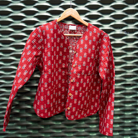 Cotton Reversible Red Block Print Jacket