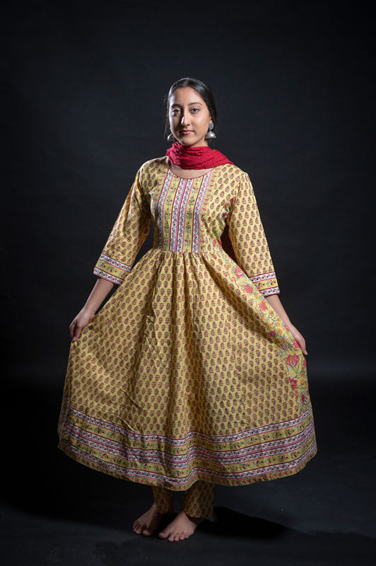 Cotton Mustard Block Print Frock Suit