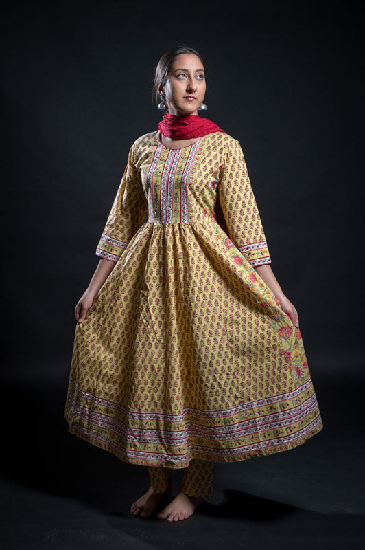 Cotton Mustard Block Print Frock Suit