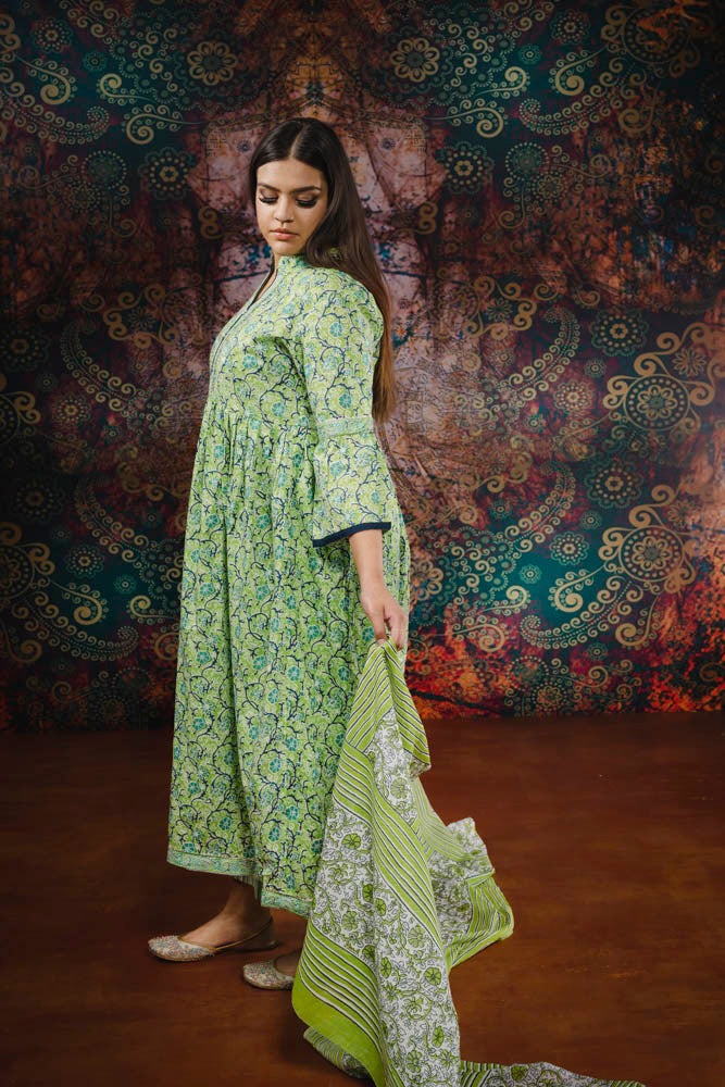 Cotton Green Printed Frock Suit