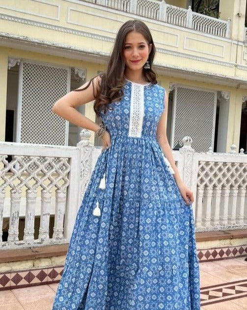 Cotton Long Blue Block Print Dress