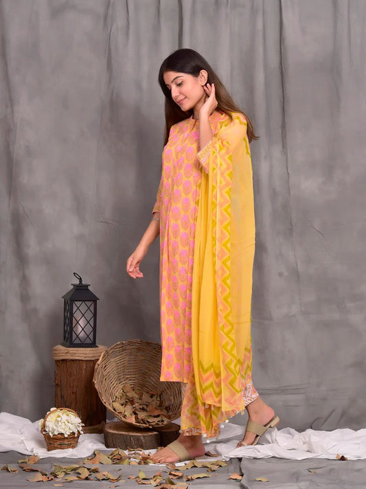 Cotton Yellow/ Pink Block Print Suit