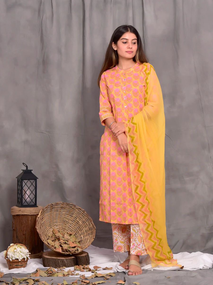 Cotton Yellow/ Pink Block Print Suit