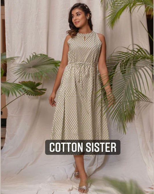 Cotton Long Olive Block Print Frock Dress